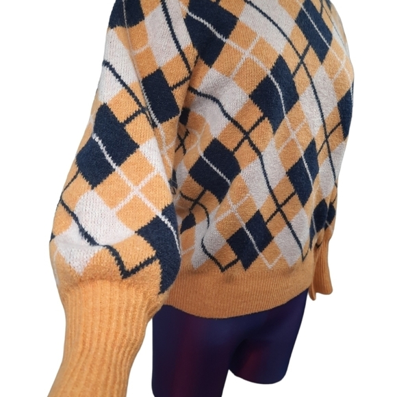 Free Assembly Argyle Balloon Sleeve Sweater Gold and Navy Size Small Women's - Picture 2 of 8